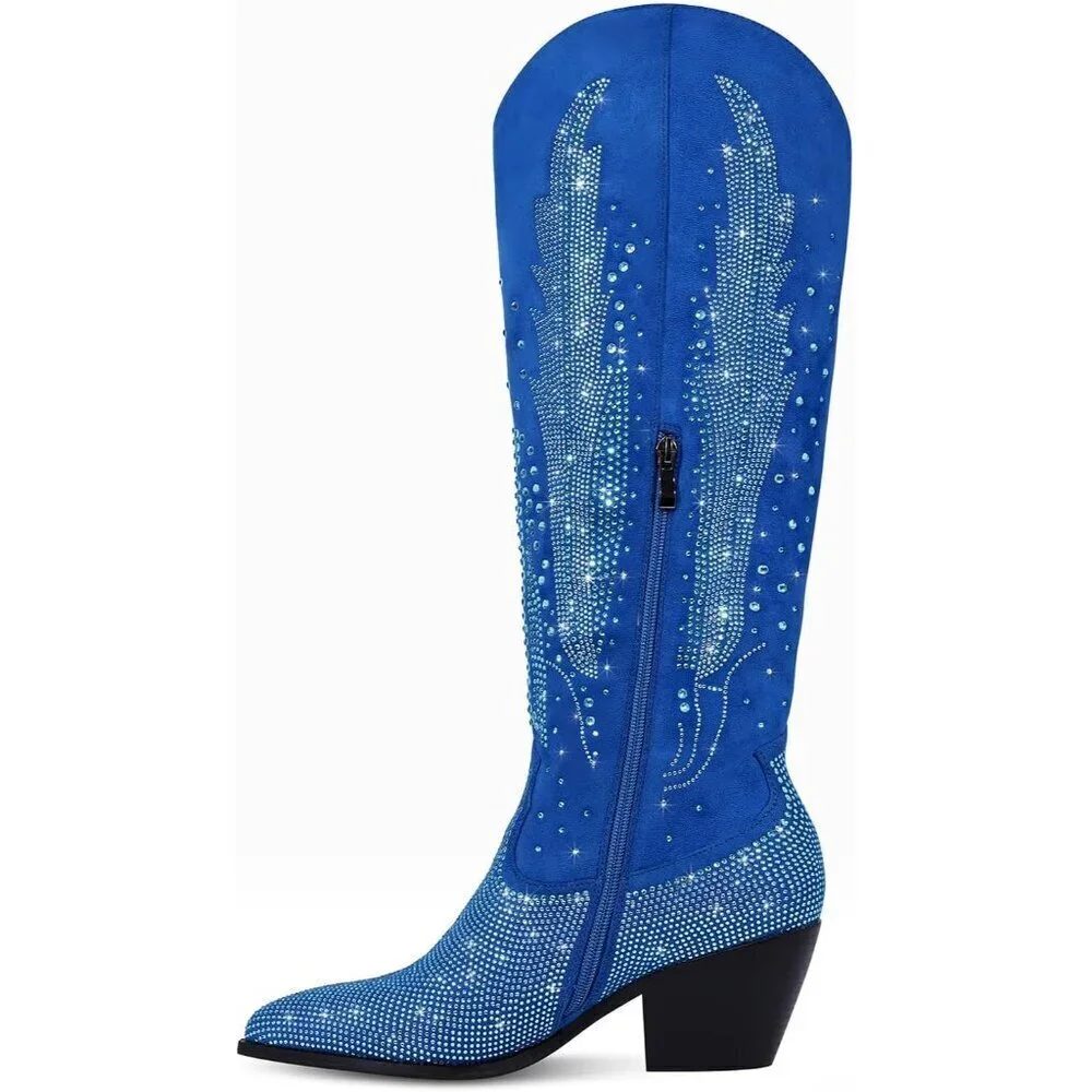 Women Polyurethane Blue Knee High Pointed Toe Chunky Heel Rhinestone Boot